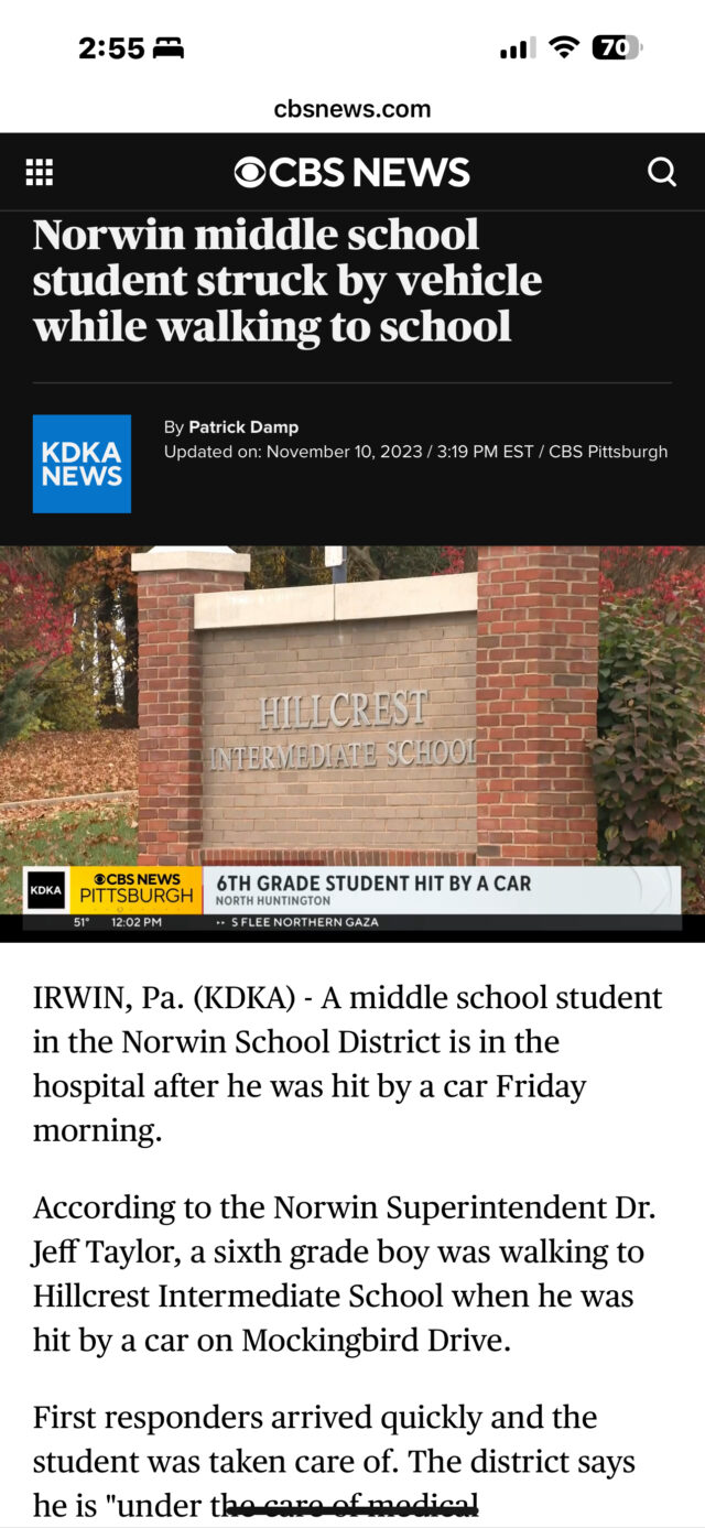 norwin middle school student struck by suv